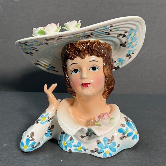 Lefton Other - Vtg Lefton Lady Head Vase Planter 1343B Southern Belle Handpainted Big Hat MCM